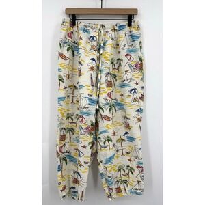 Hot Cotton Pants 1X Beige Beach Tropical Wide Leg Crop Palm Trees Linen Made USA